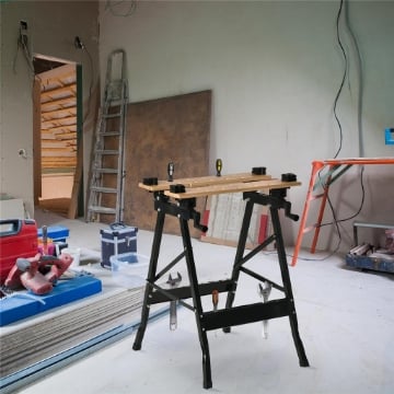 BANCO DA LAVORO PIEGHEVOLE CON 4 MORSE, RIGA E GONIOMETRO, PORTATA 150 KG, NERO E LEGNO