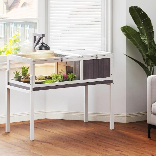 CASETTA TARTARUGHE RIALZATA CON DIVISORIO, VASSOIO ESTRAIBILE, IN LEGNO E PS, 104X53X82 CM, GRIGIO E BIANCO
