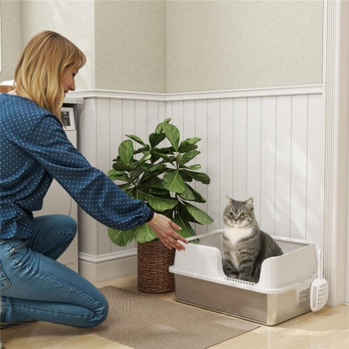LETTIERA PER GATTI CON BORDI RIALZATI, VASSOIO E PALETTA, IN ACCIAIO INOX E PP, 60X40X28 CM, GRIGIO CHIARO