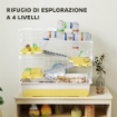 GABBIA PER CRICETI A 4 LIVELLI CON TUBI RUOTA 3 PORTE E VASSOIO IN METALLO PP E PS 78X45X73 CM BIANCO