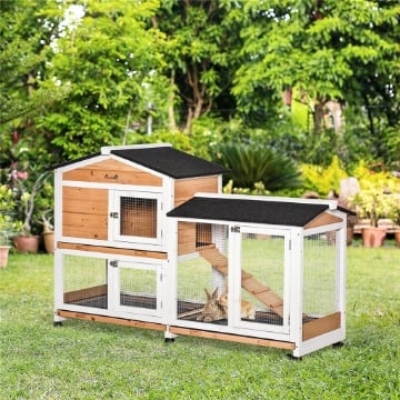 CONIGLIERA A 2 LIVELLI CON RETE PROTETTIVA, IN LEGNO METALLO E BITUME 157.4X53X99.5 CM GIALLO BIANCO E NERO