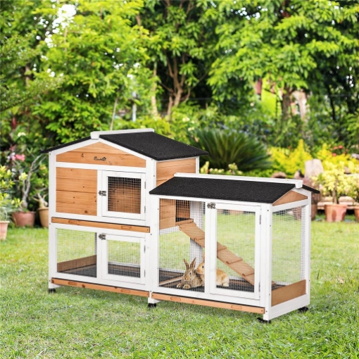 CONIGLIERA A 2 LIVELLI CON RETE PROTETTIVA, IN LEGNO METALLO E BITUME 157.4X53X99.5 CM GIALLO BIANCO E NERO
