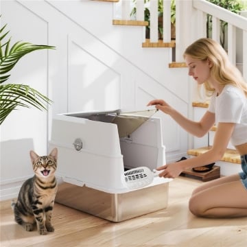 LETTIERA PER GATTI GRANDI IN ACCIAIO INOX CON COPERCHIO RIBALTABILE, PALETTA E DEODORANTE, GRIGIO CHIARO