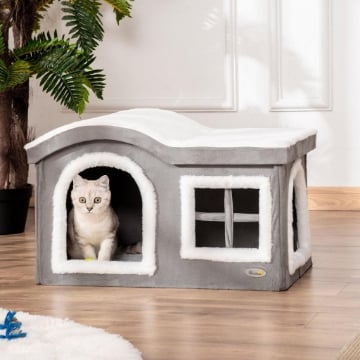 PAWHUT CASETTA PER GATTI DA INTERNO CON 2 ENTRATE E FINESTRA, CUSCINO E BASE ANTISCIVOLO, 63.5X37X40CM - BIANCO/GRIGIO