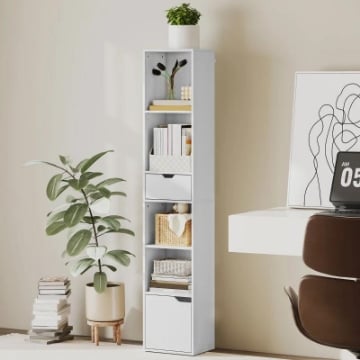 SCAFFALE LIBRERIA A 4 RIPIANI APERTI CON ARMADIETTO E CASSETTO, 30X24X158 CM, IN LEGNO BIANCO