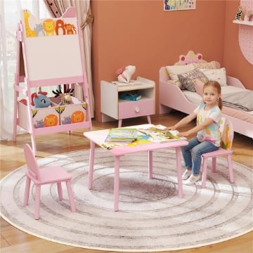 SET TAVOLO E SEDIE PER BAMBINI 3-8 ANNI CON MOTIVI ANIMALI E BORDI ARROTONDATI, IN MDF E LEGNO DI PINO ROSA