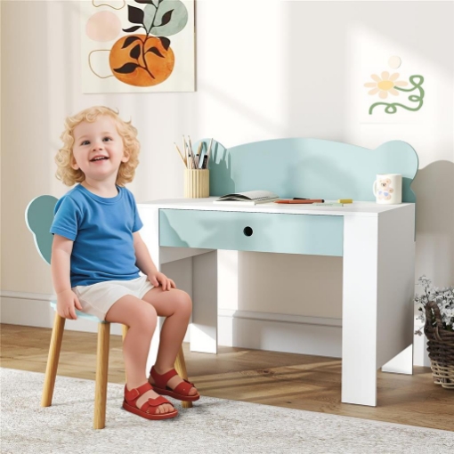 SET SCRIVANIA PER BAMBINI CON CASSETTO E SEDIA CON SCHIENALE A ORSETTO, ETÀ 3-8 ANNI, VERDE