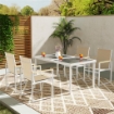 SET DA GIARDINO CON TAVOLO DA PRANZO IN VETRO RETTANGOLARE E 4 SEDIE CON BRACCIOLI MULTICOLORE