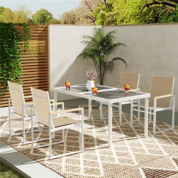 SET DA GIARDINO CON TAVOLO DA PRANZO IN VETRO RETTANGOLARE E 4 SEDIE CON BRACCIOLI MULTICOLORE