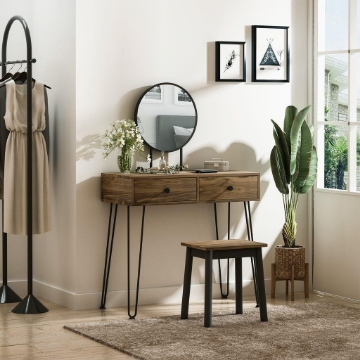SET TAVOLO PER TRUCCO CON SGABELLO E SPECCHIO MAKEUP, IN LEGNO E METALLO