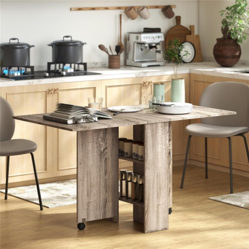 TAVOLO A RIBALTA CON 2 RIPIANI INFERIORI PER 6 PERSONE MAX, IN LEGNO 140X75X74 CM, GRIGIO